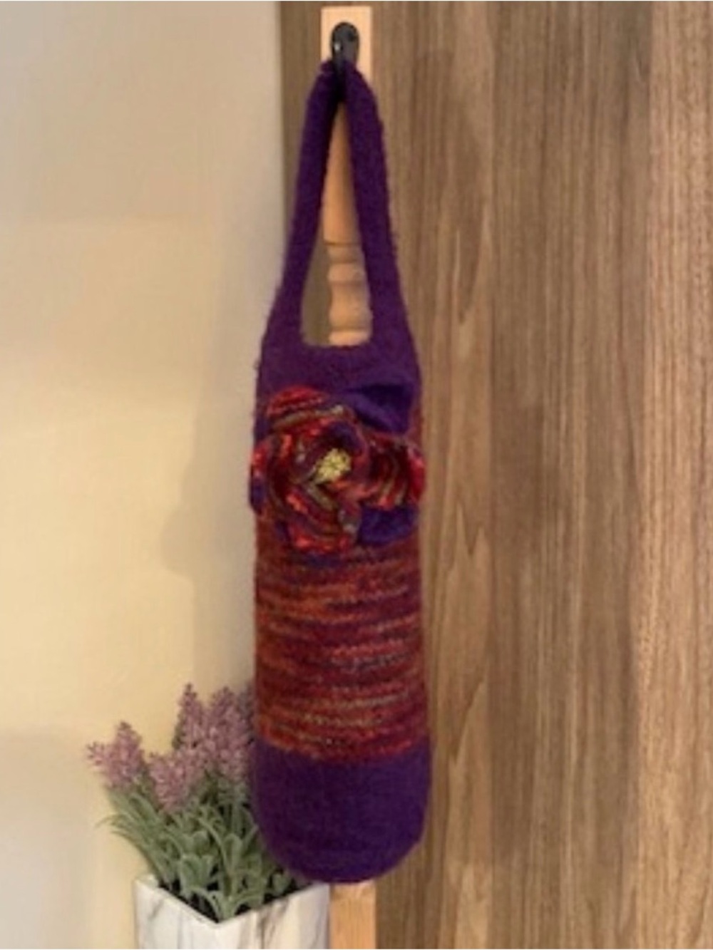 Handmade Purple Hand Knitted Felted Wool Embellished Wine or Bottle Bag
